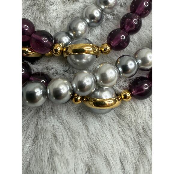 2pc Vintage Faux Pearl & Plum Bead Necklaces Set Gold Tone Accents 38” Each - Picture 2 of 6